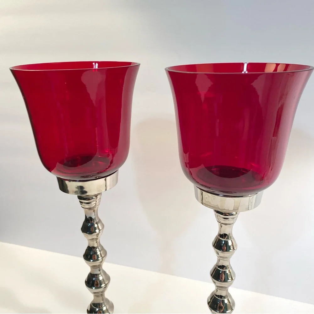 Z Gallerie Carmen 13” Red Glass & Silver Nickel Metal Votive Candleholders Set